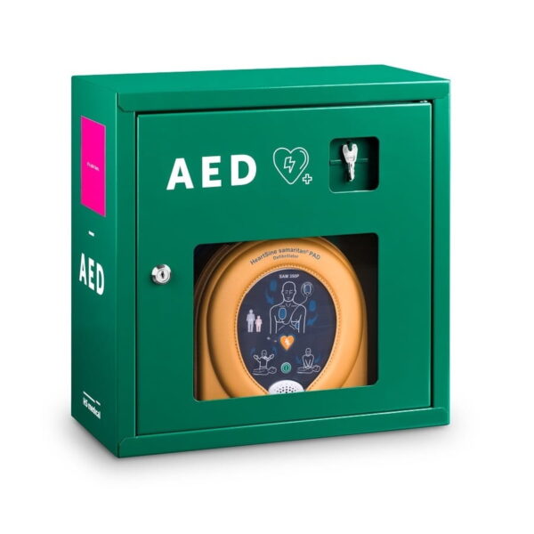 Szafka metalowa zielona na defibrylator AED